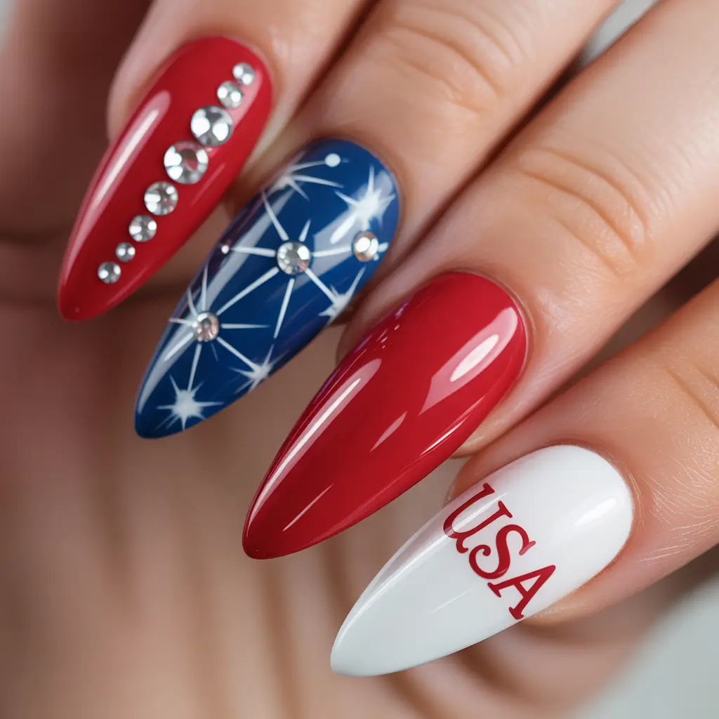 Inspired Nail Designs for July 4th 2025 USA Bold: Statement Tips with Rhinestone Drama