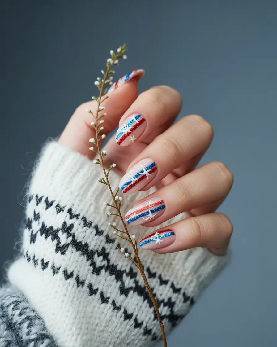Inspired Nail Designs for July 4th 2025 - Glitter Pinstripes & Sparkle Bursts