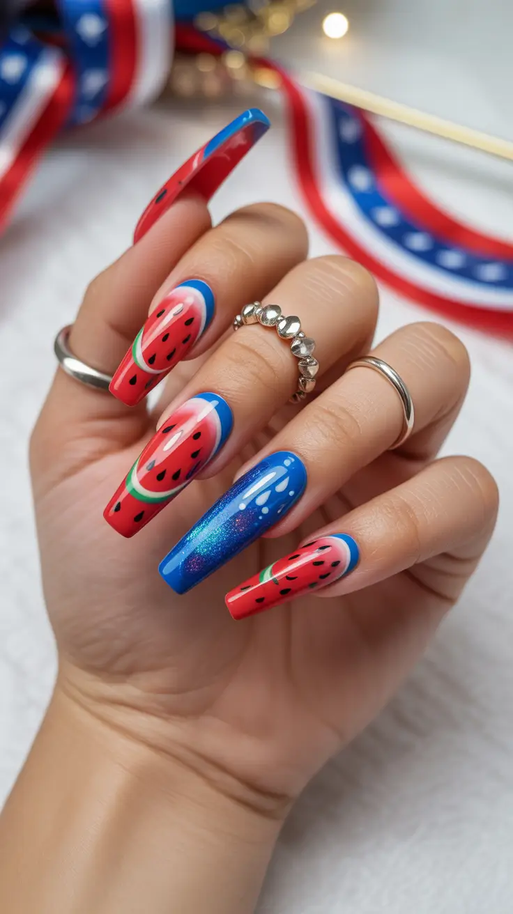 Inspired Nail Designs for July 4th 2025 Sweet Fireworks & Fruit: Watermelon Meets Americana