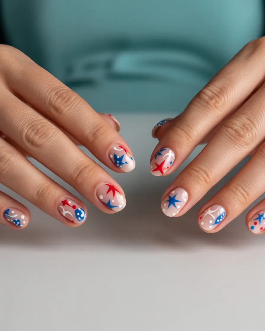 Inspired Nail Designs for July 4th 2025 Playful Americana: Soft Starbursts on Sheer Base