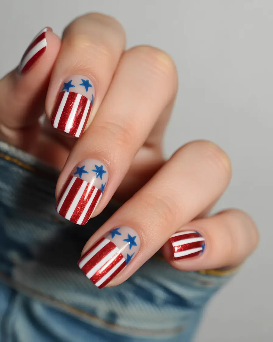 July 2025 Nails You’ll Want to Copy - Glitter Stripe Charm with Sky-High Stars