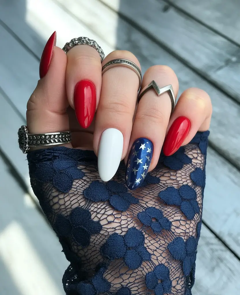 July 2025 Nails You’ll Want to Copy - Chic Statement Mix: Glossy Red, Pure White & Navy Sparkle