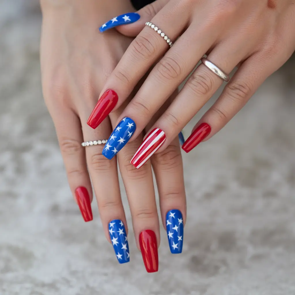 July 2025 Nails You’ll Want to Copy - Power Mani: Gloss & Patriotism at Full Volume