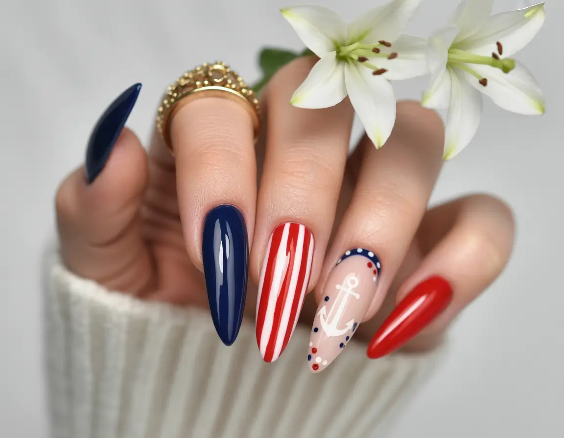 July 2025 Nails You’ll Want to Copy - Nautical Americana: Anchors & Dots with a Patriotic Twist