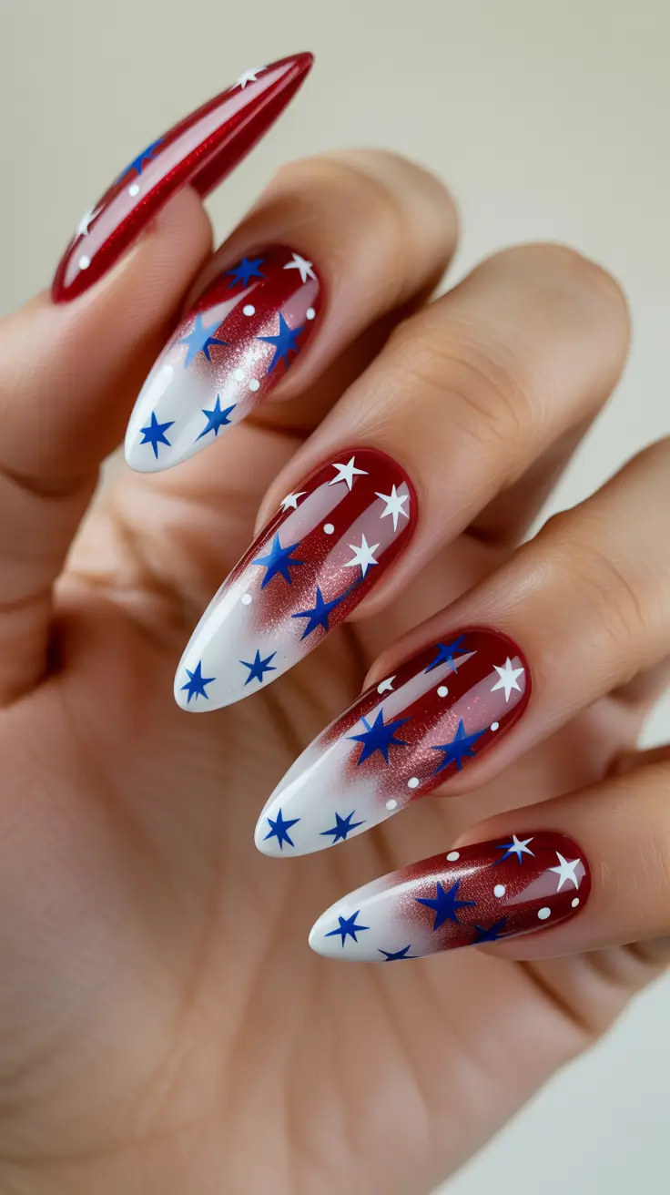 July 2025 Nails You’ll Want to Copy - Stiletto Spark: Blue Starbursts on Red & White Fade