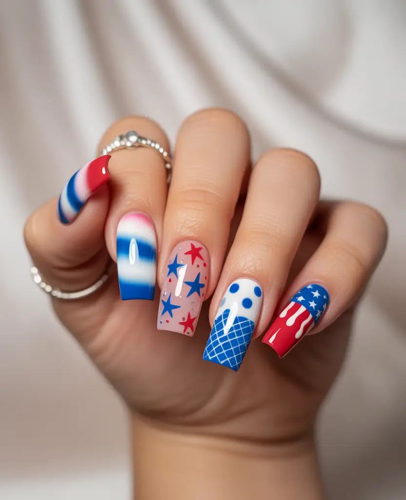 July 2025 Nails You’ll Want to Copy - Pop Art Patriot: Mixed Patterns with a Modern Twist