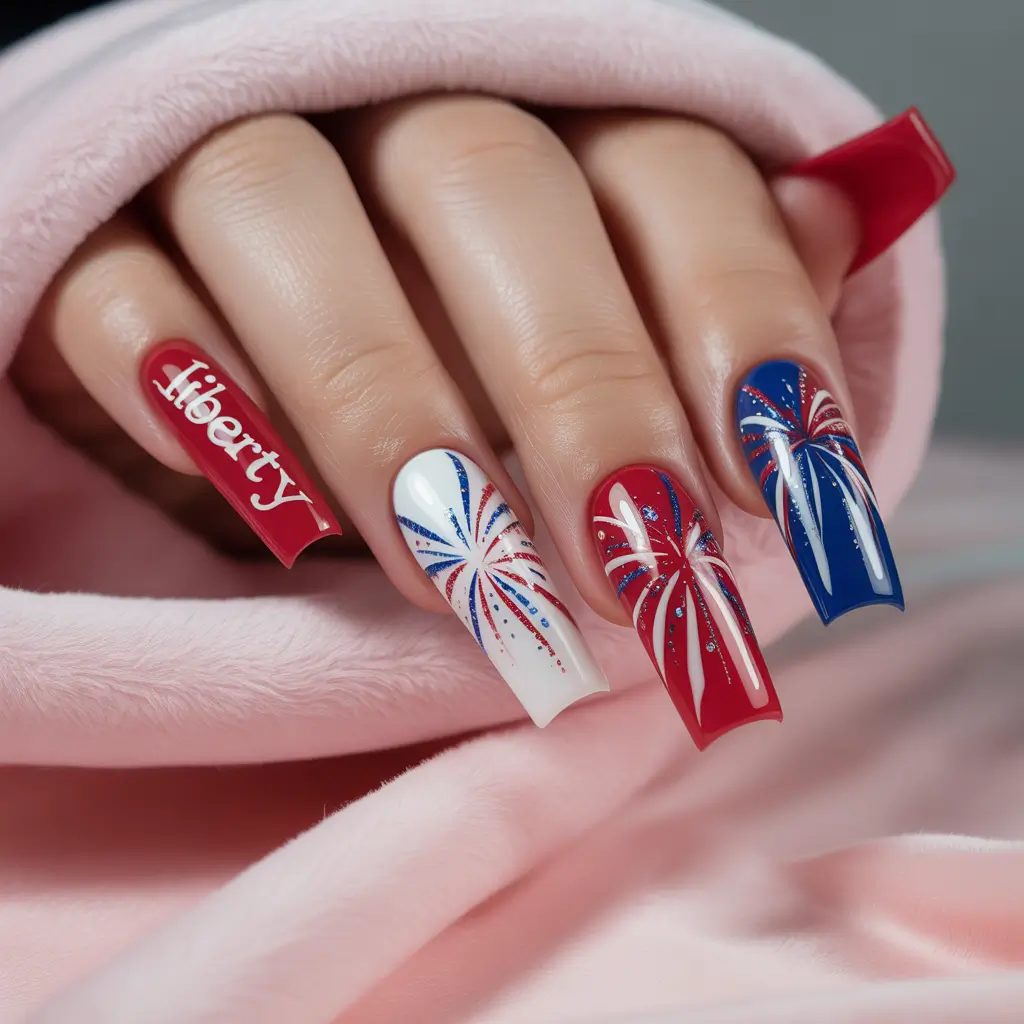 July 2025 Nails You’ll Want to Copy - Fireworks & Freedom: Liberty Lettering and Spark Trails