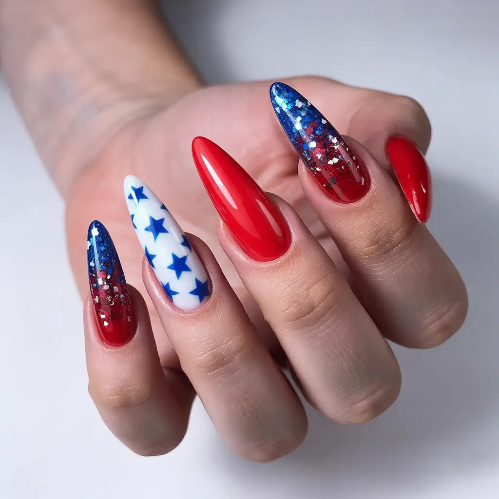 July 2025 Nails You’ll Want to Copy - Firecracker Fade: Glitter Bomb & Bold Stars