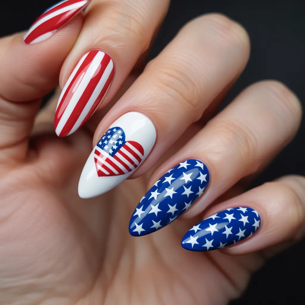 July 2025 Nails You’ll Want to Copy - American Heartbeat: Stripes, Stars & Love