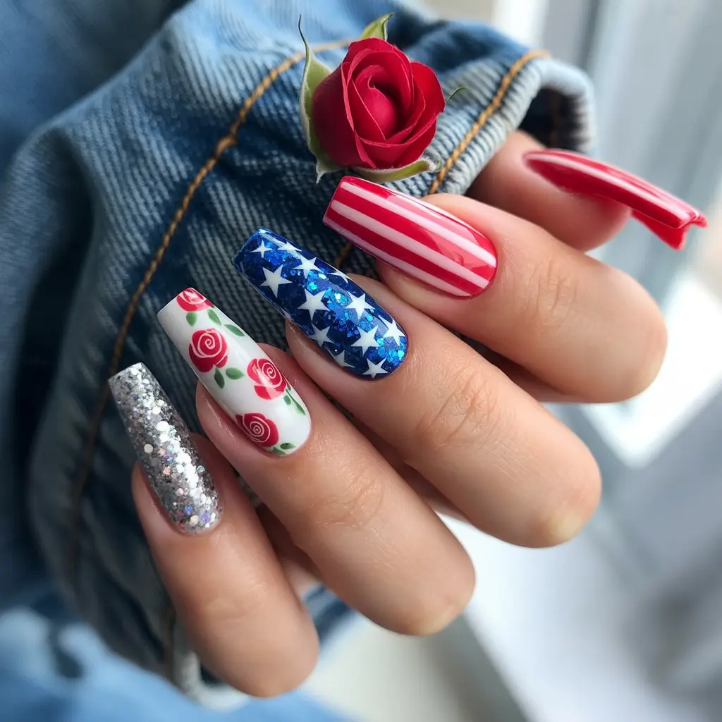 July 2025 Nails You’ll Want to Copy - Patriotic Garden Party: Glitter, Roses & Stripes