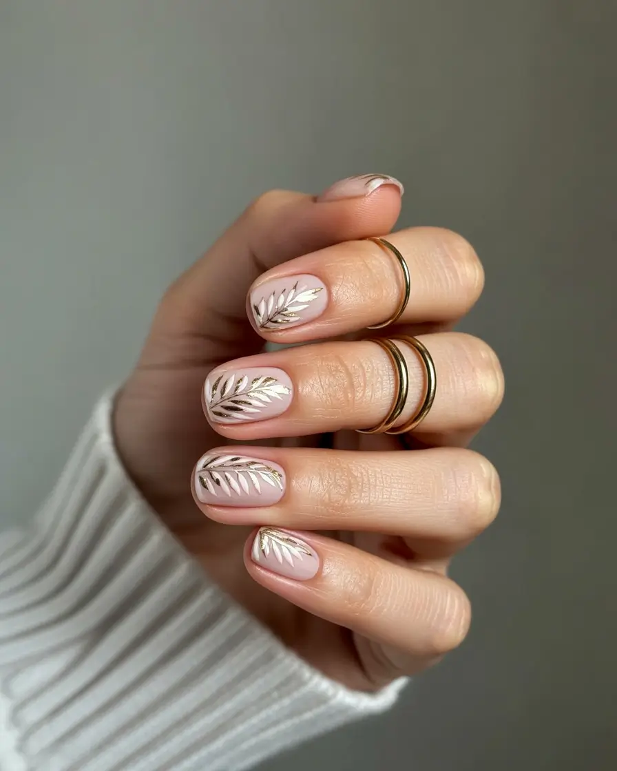 August Nails Color Golden Botanical on Barely There Pink