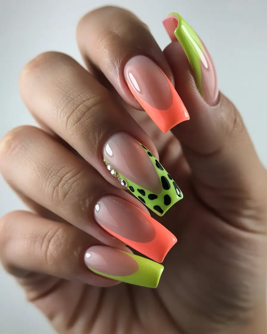 August Nails Color Electric Tips with Animal Print Pop