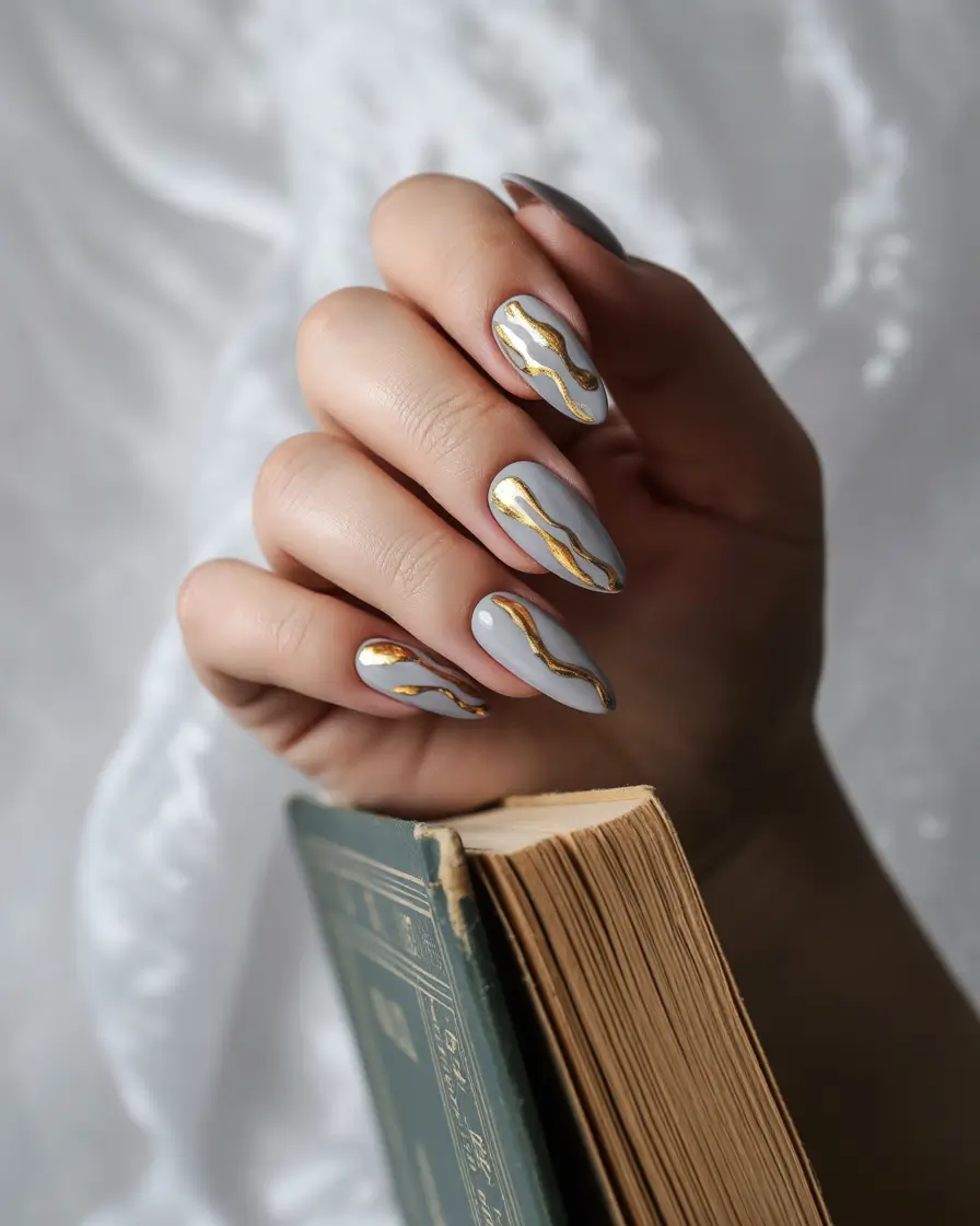 August Nails Color Soft Grey with Molten Gold Waves