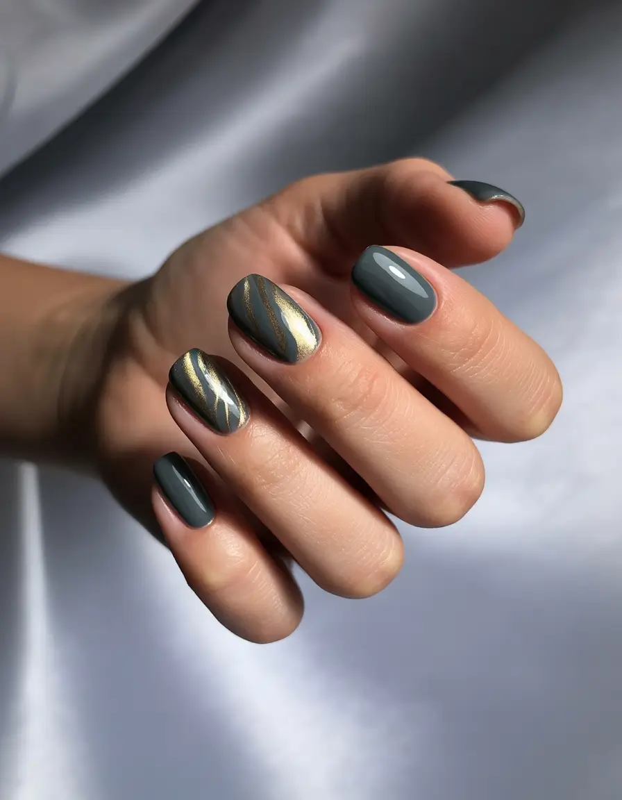 August Nails Color Moody Olive with Gold Dusting