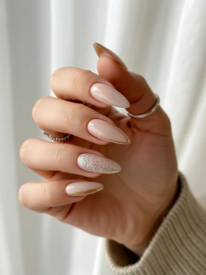 August Nails Color Neutral Almond with Glitter Accent