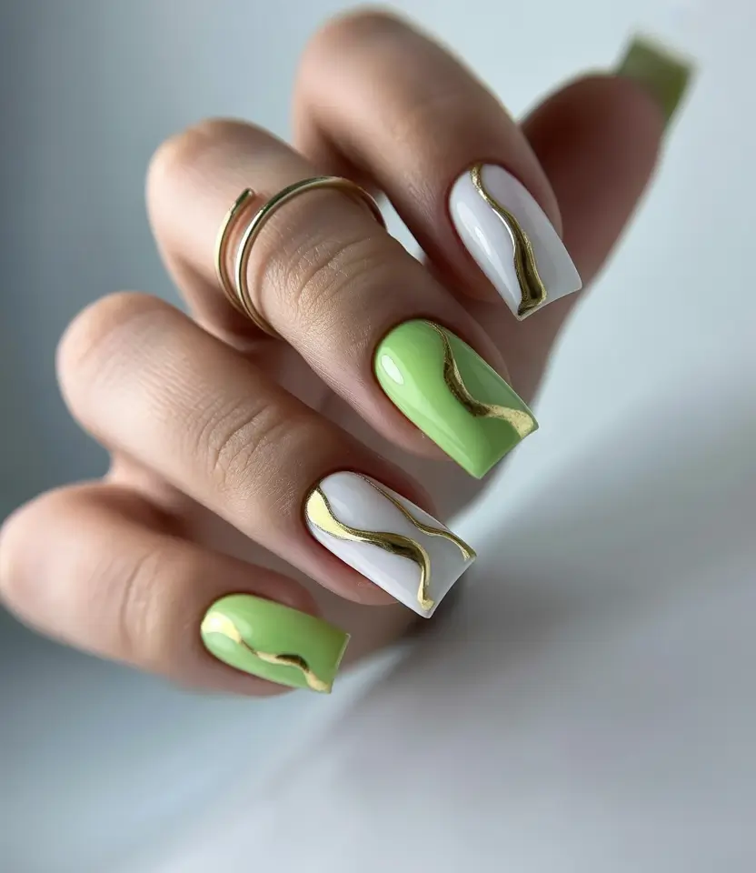 August Nails Color Lime Swirl Meets White Heat