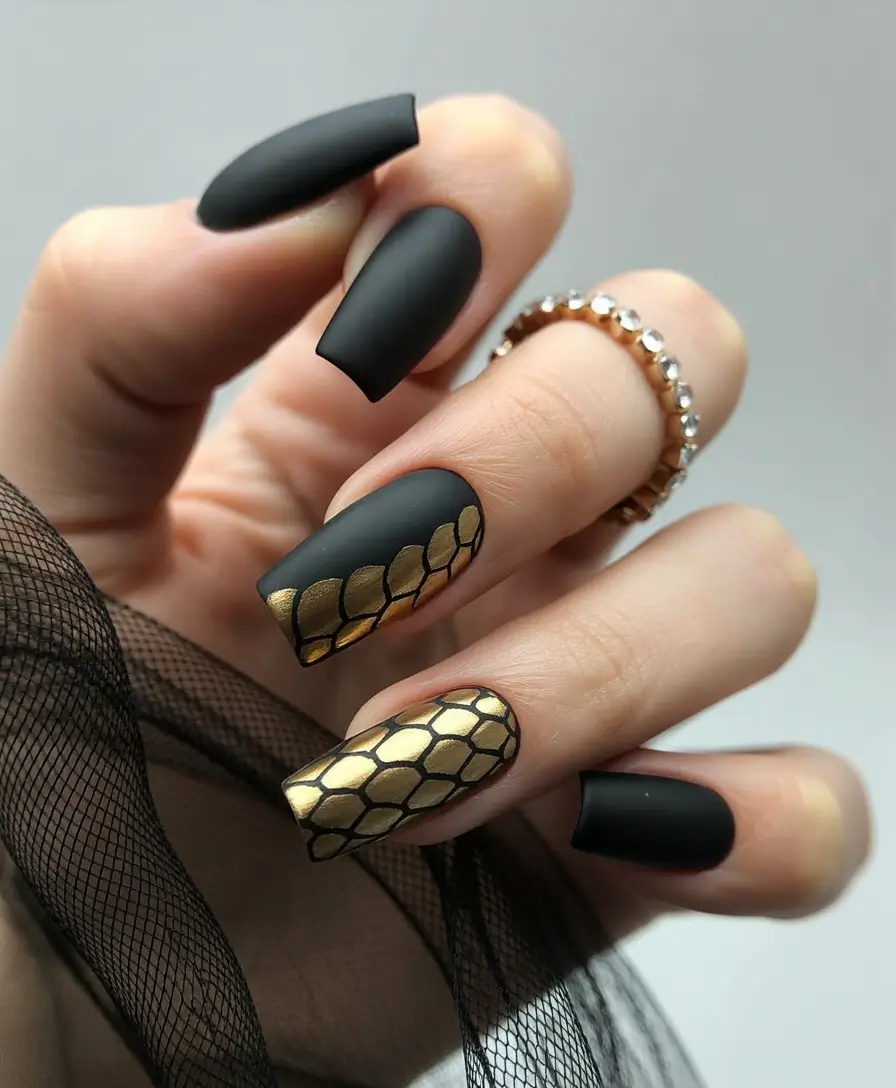 August Nails Color Matte Black & Gilded Scales