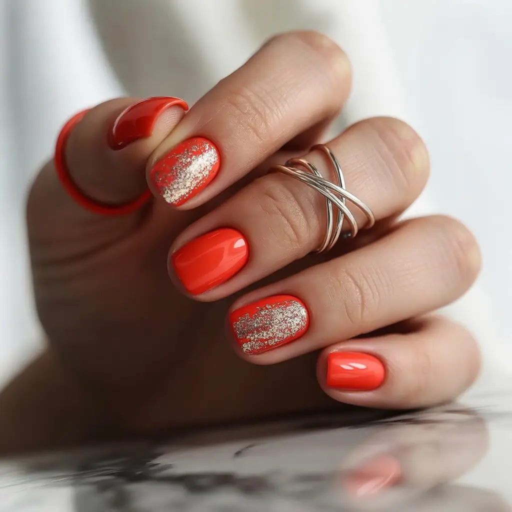 August-nails-design-Bold-Coral-Pop-with-Golden-Flickers