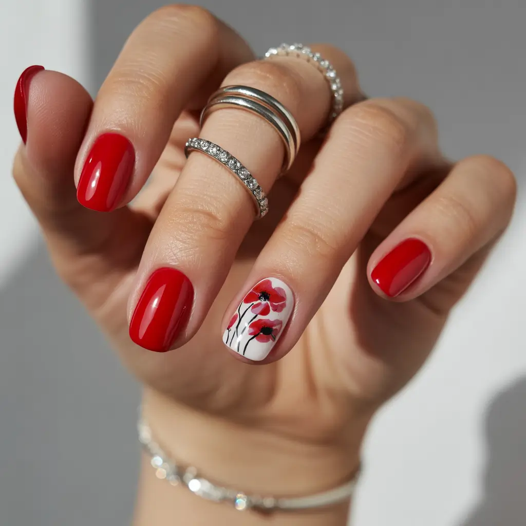 August nails design+Modern Poppy Red with Hand-Painted Florals