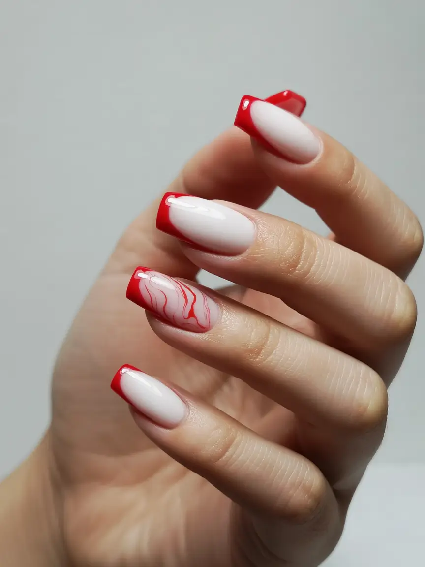 French tip+Graphic Red French with Subtle Marble Accent