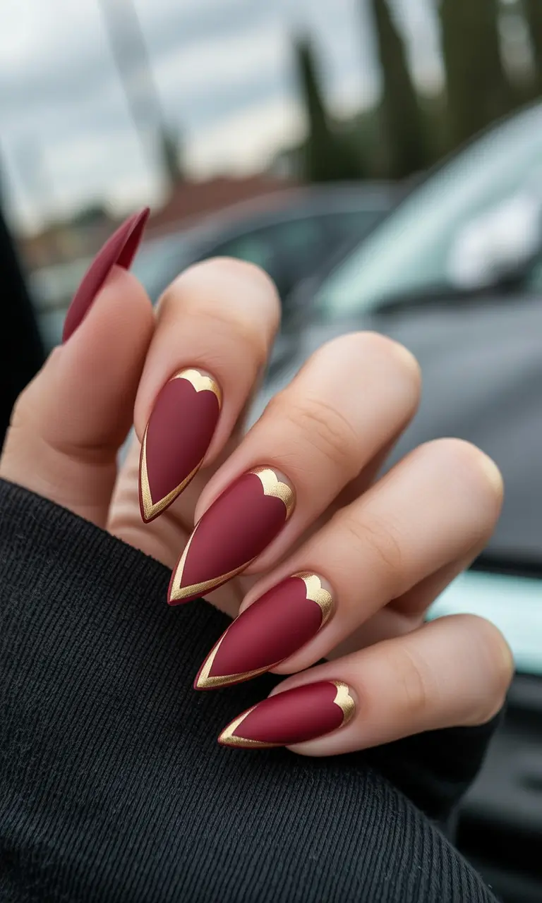 Acrylic almond 2025+Matte Bordeaux and Gold Heart Tips