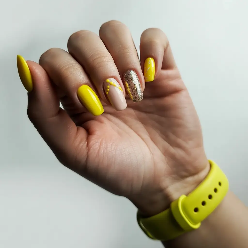 Yellow-cute-nails-ideas-Sunbeam-Yellow-Meets-Glitter-Accent