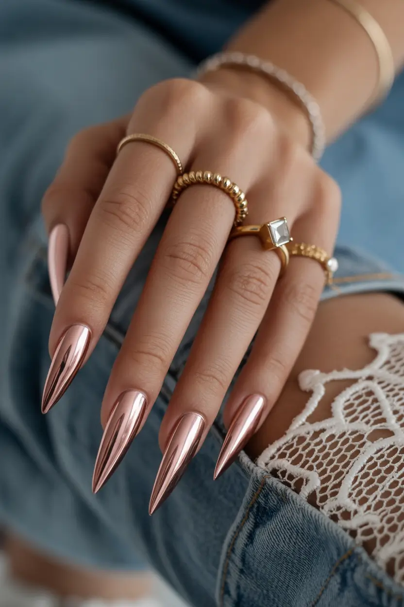 Acrylic coffin+Rose Chrome Stiletto Nails That Steal the Scene