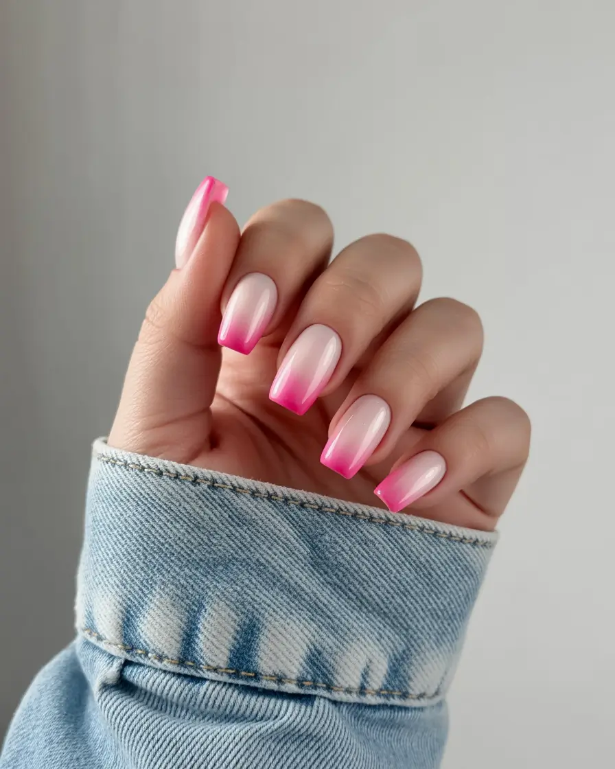 Short square+Neon French Tips With a Barbiecore Glow