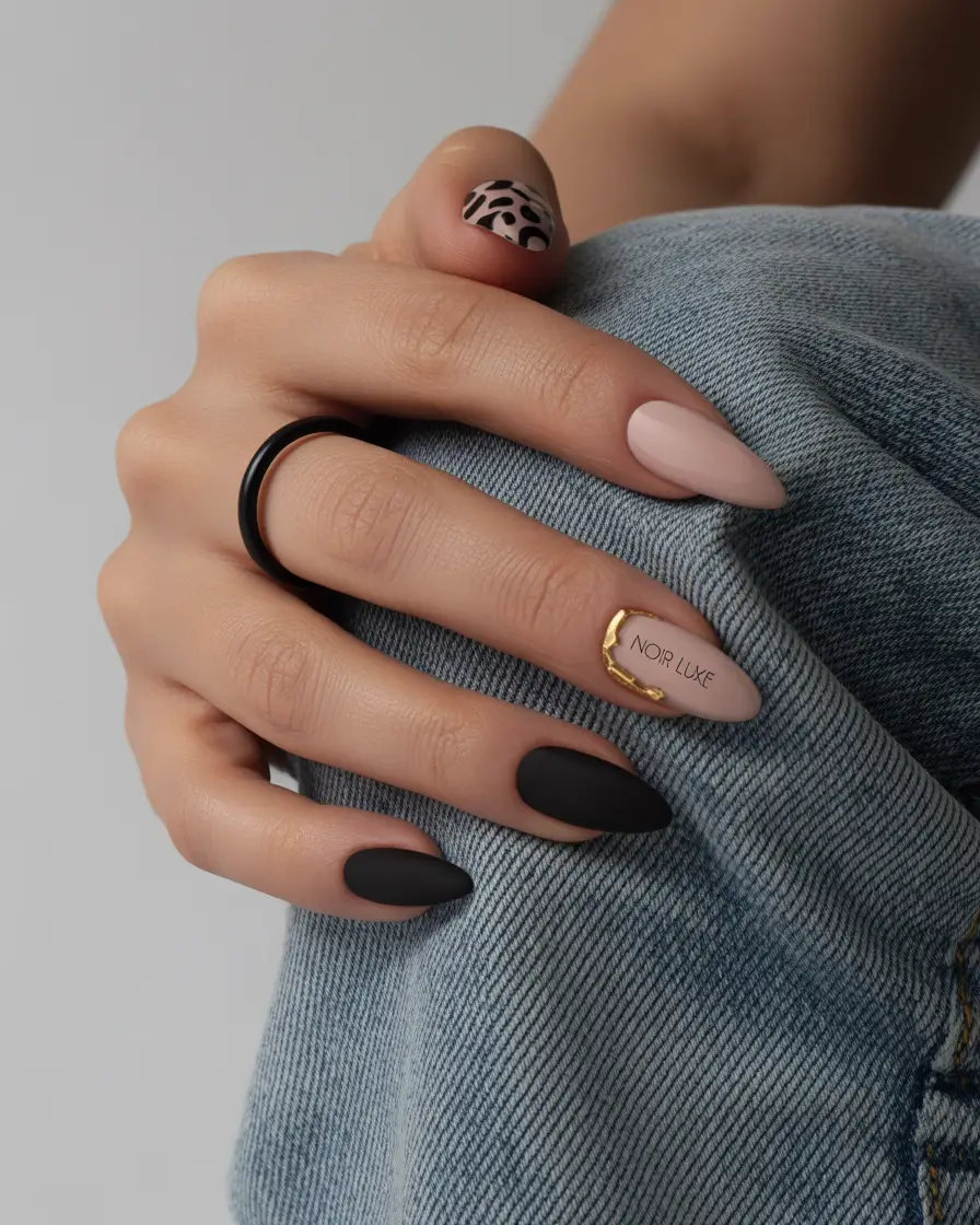 Acrylic-nail-ideas-black-Matte-Noir-Meets-Soft-Neutrals