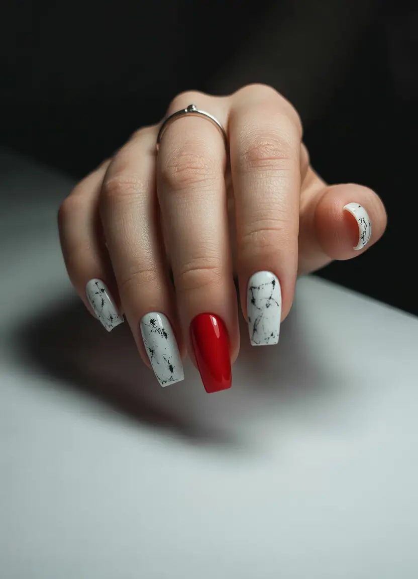 Short-square-acrylic-ideas-Marble-Magic-with-Red-Power-Accent