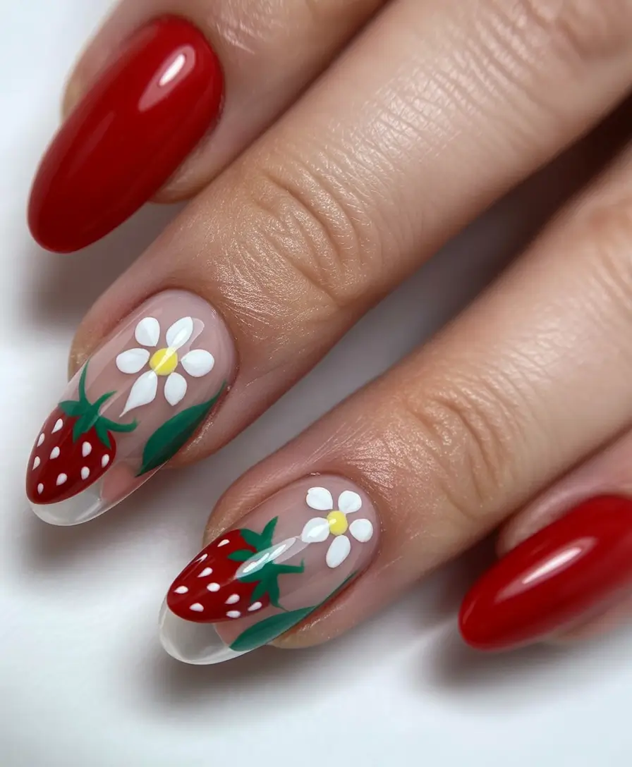 Red Summer Nails That Pop in 2025+Strawberry Chic with a Touch of Whimsy