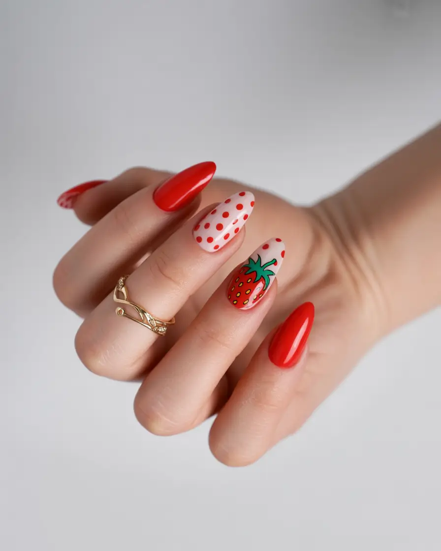 Red Summer Nails That Pop in 2025+Retro Strawberry Dot Fantasy