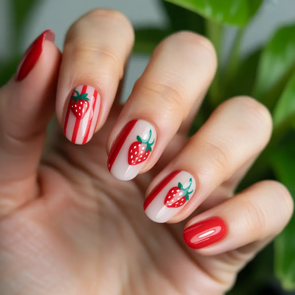 Red Summer Nails That Pop in 2025+Striped Berries & Retro Vibes