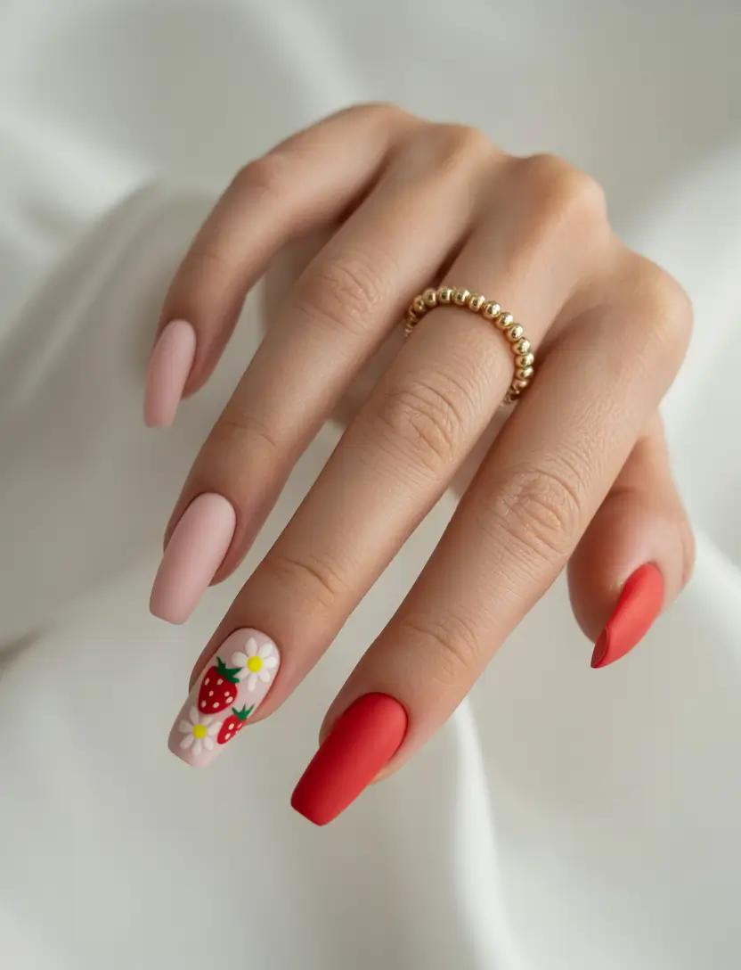 Red Summer Nails That Pop in 2025+Matte Petals & Berry Details