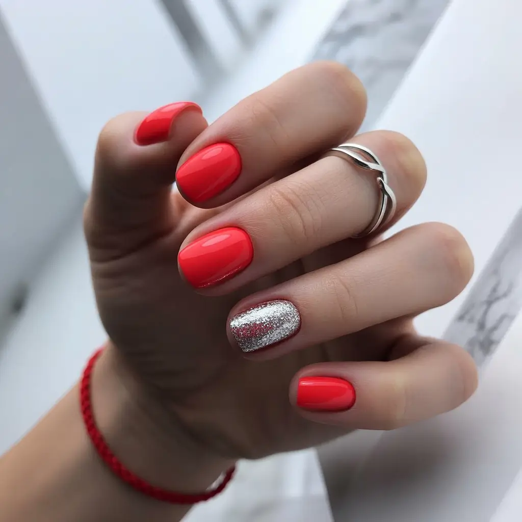 Red Summer Nails That Pop in 2025+Coral Pop with Chrome Sparkle