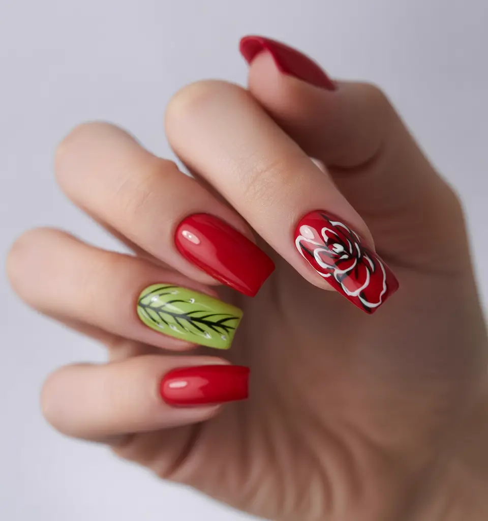Red Summer Nails That Pop in 2025 Red Florals and Botanical Green Play