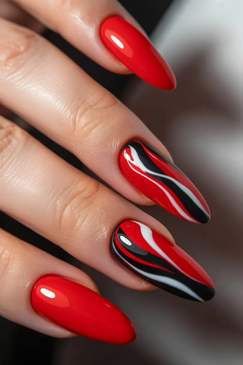 Red Summer Nails That Pop in 2025 Chrome-Slick Flames in Red and Black