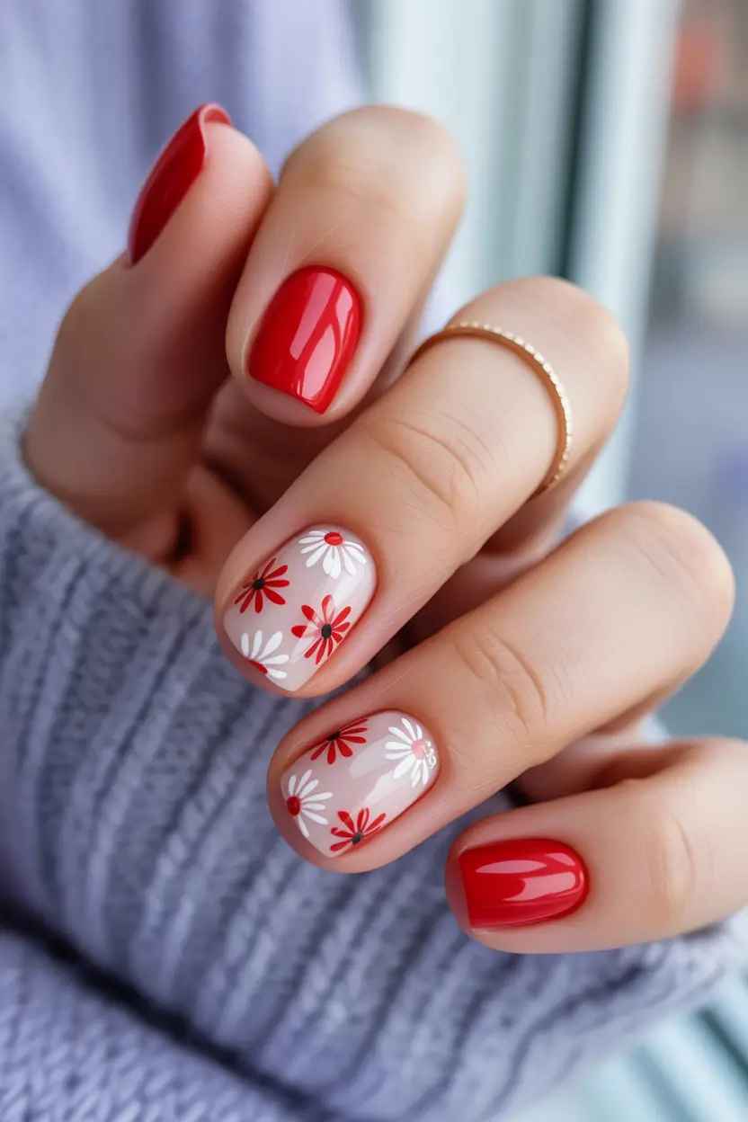 Red Summer Nails That Pop in 2025 Daisy Fields on Scarlet Tips