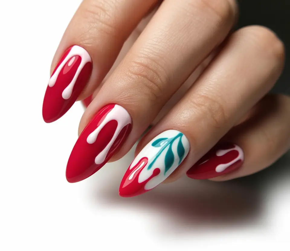 Red Summer Nails That Pop in 2025 Strawberry Drips and Leafy Accents