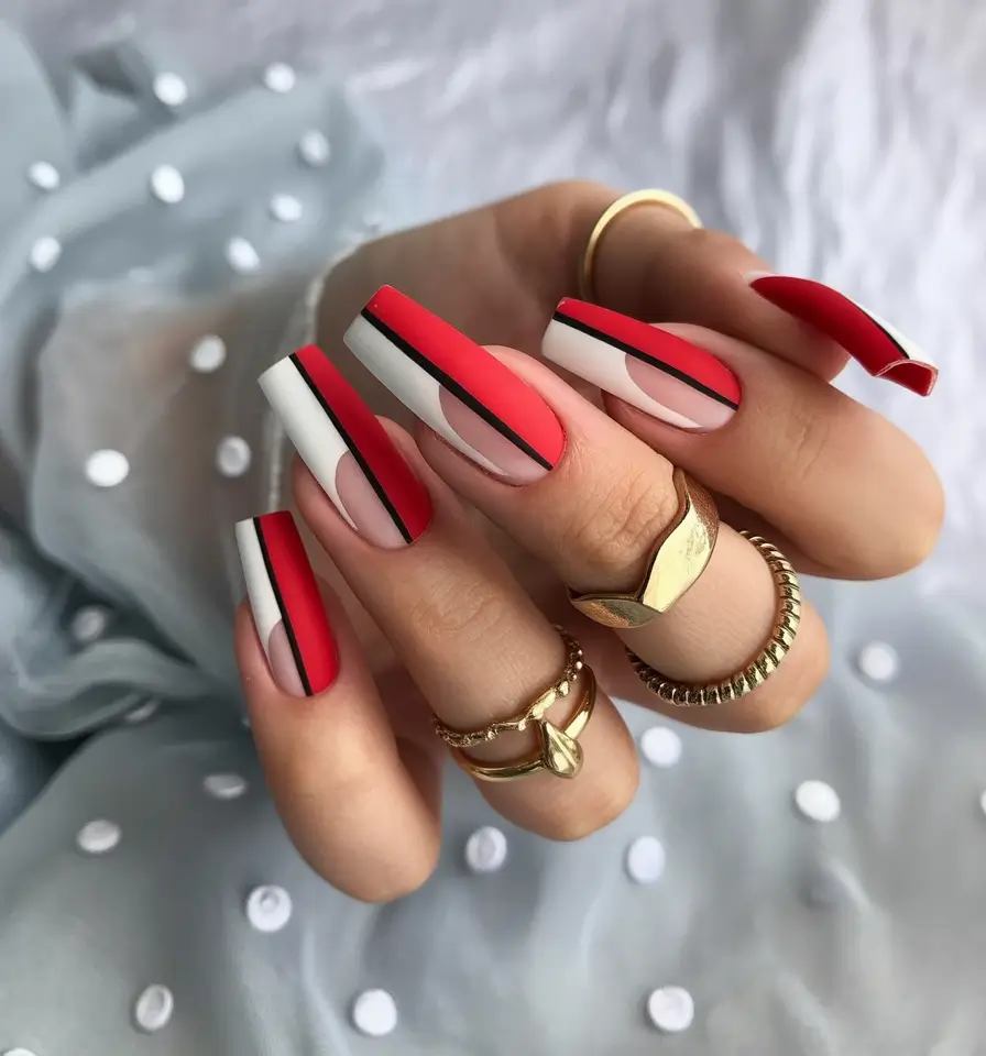 Red Summer Nails That Pop in 2025 Graphic Red and White Summer Stripes