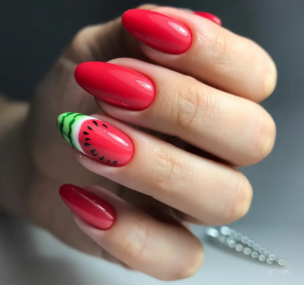 Red Summer Nails That Pop in 2025+Watermelon Glaze on Glossy Red