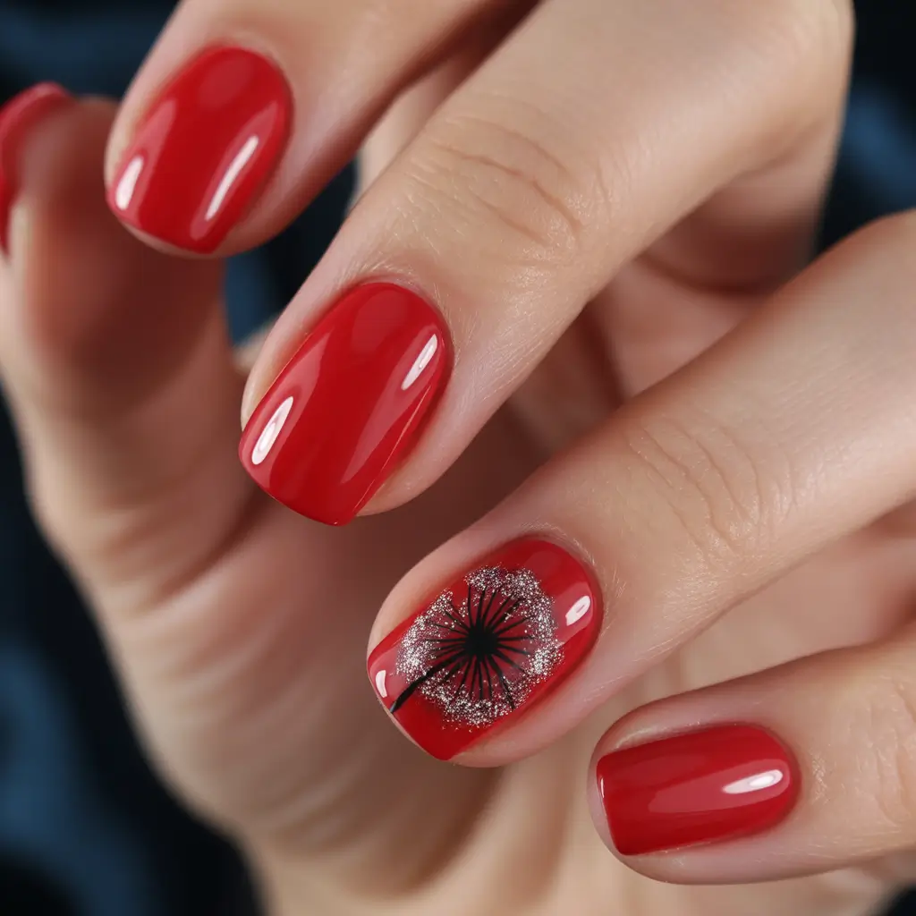 Red Summer Nails That Pop in 2025+Modern Dandelion on Short Red Square