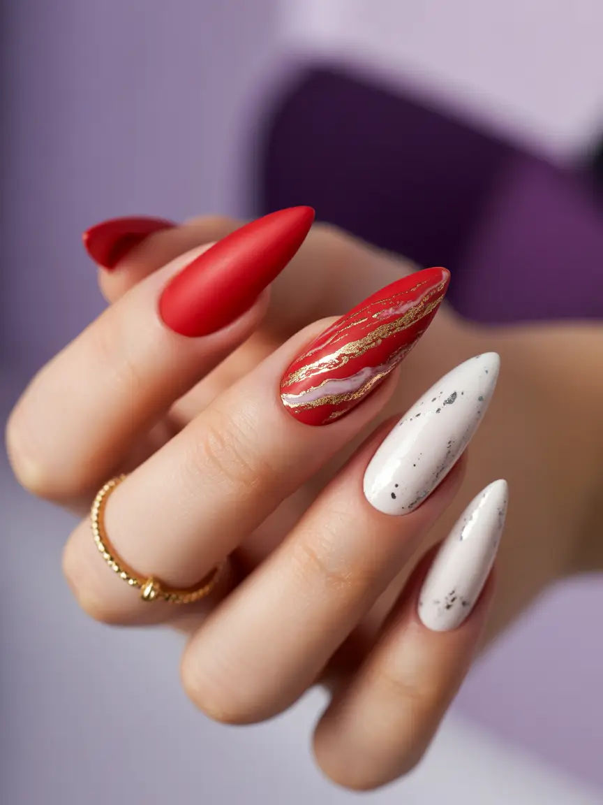 Red Summer Nails That Pop in 2025+Red Agate & Matte Texture Drama
