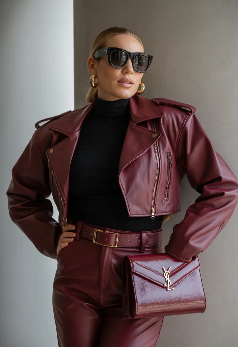 summer to fall transition outfits Wine Red Leather, Head to Toe