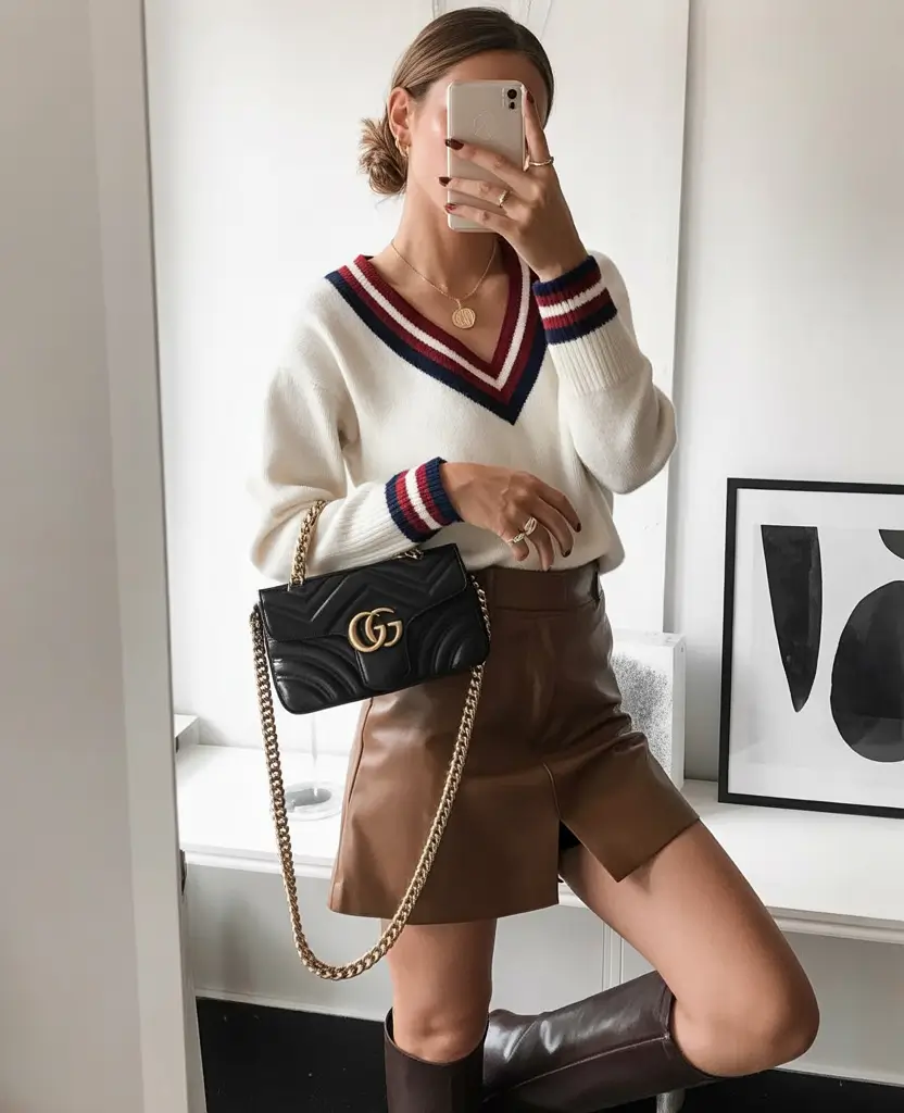 summer to fall transition outfits Preppy Varsity with Leather Edge