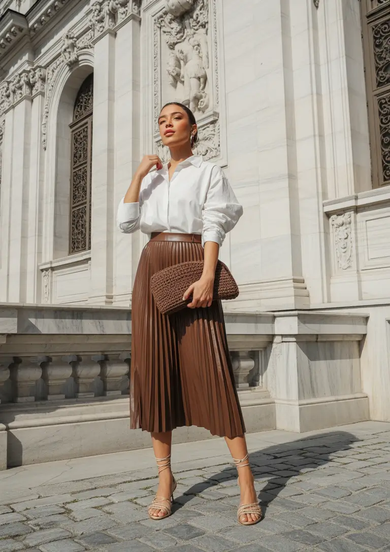 summer to fall transition outfits Chocolate Pleats and Crisp White Classics