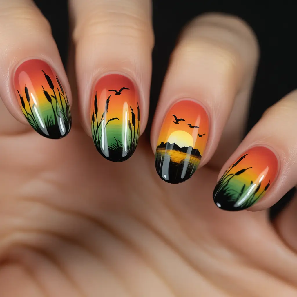 Sunset Gradient Nails to Glow in 2025-Golden Horizon with Silhouettes