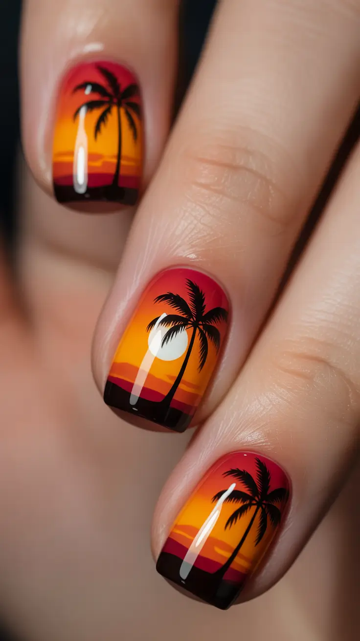 Sunset Gradient Nails to Glow in 2025-Hawaiian Sunset Palms