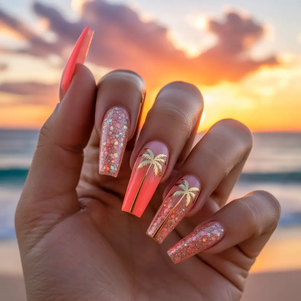 Sunset Gradient Nails to Glow in 2025 Tropical Sparkle Horizon