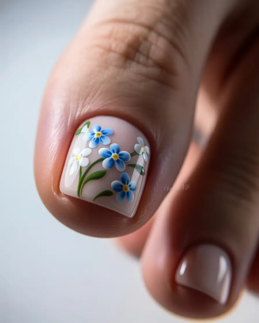 Toe Nail Art & Color Ideas for August 2025+Forget-Me-Not Micro Blooms